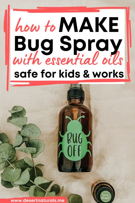 How to make bug spray with essential oils that's safe for kids and works.  2ml glass spray bottle with Bug sticker that says Bug Off and 15ml bottle of doTERRA Terrashield with sprig of eucalyptus in the background. Diy, Recipes, Essential Oils, Natural, Doterra, Sprays, Spray, Oils, Bug Spray
