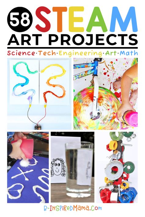 Choose from 58 fun STEAM art projects to get kids exploring their creativity while exploring science, technology, engineering, and math, too! #kids #STEAM #art #arteducation #STEM #learning #homeschool #science #math Steam Activities Elementary, Steam Projects Middle School, Kindergarten Steam Activities, Steam For Preschool, Science Projects For Kids, Stem Projects, Kindergarten Steam, Science Art Projects, Steam Activities
