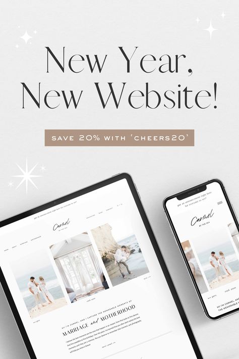 A showit website template shown on an ipad and a smartphone with the text "New Year, New Website. Save 20% with 'cheers20'" Design, Diy, Ramadan, New Website Announcement, Website Announcement Ideas, Business Emails, Website Content, Announcement, Business