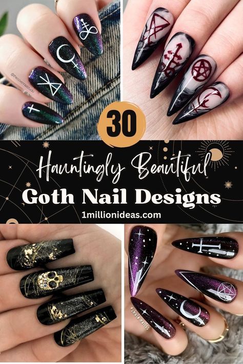 30 Hauntingly Beautiful Goth Nail Designs Halloween, Gothic, Halloween Nail Designs, Witchy Nails, Witch Nails, Vampire Nails, Gothic Nails, Gothic Nail Art, Goth Nails