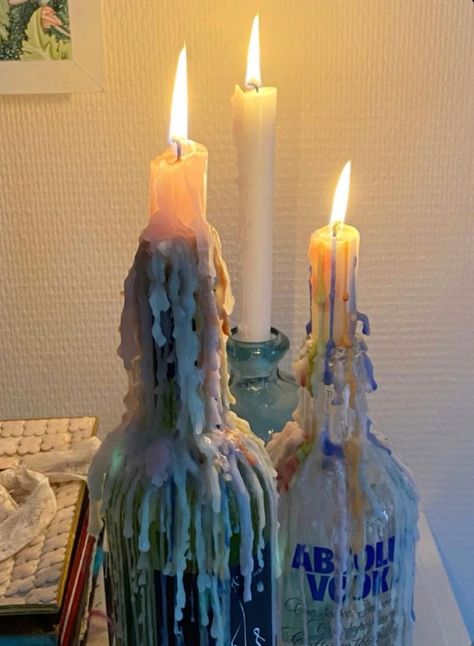 Decoration, Inspiration, Candles, Candle Aesthetic, Bottle Candles, Wine Candles, Colorful Candles, Wine Bottle Candle Holder, Bottle Candle Holder