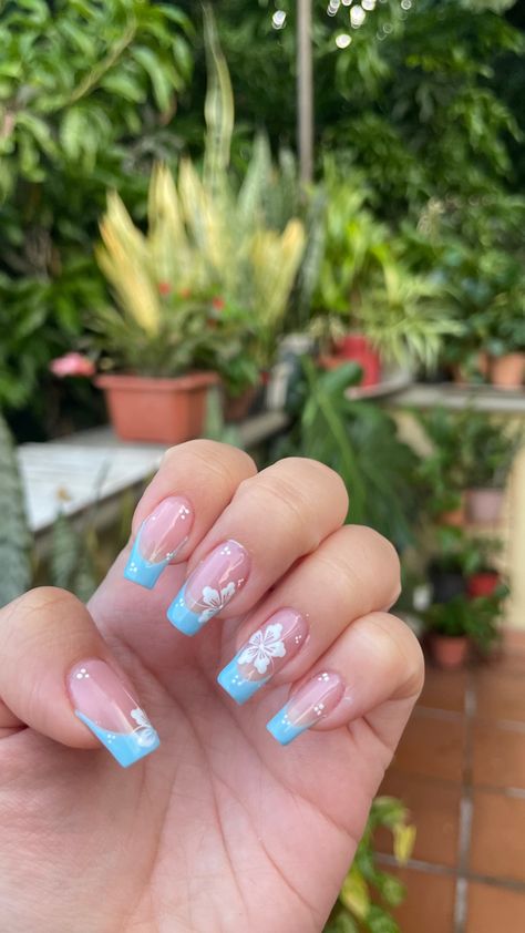 Acrylics, Summer Acrylic Nails, Summery Nails, Blue French Tips, Beachy Nail Designs, Tropical Nail Designs, Acrylic Nails For Summer, Hawaii Nails, Nails With Flower Design