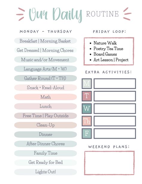 How we've figured out a daily routine that provides a feast of topics with the freedom and flexibility of a 4-day homeschool week. Pre K, Organisation, Montessori, Homeschool Daily Schedule, Homeschool Daily Schedule Template, Homeschool Checklist, Homeschool Planning, Homeschool Lesson Plans, Homeschool Schedule Template