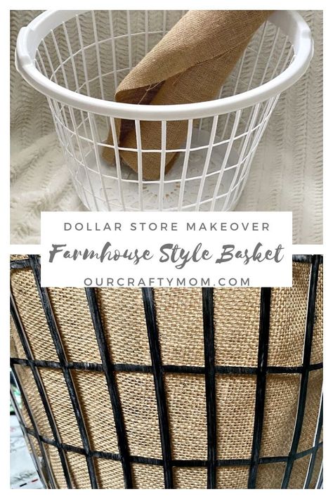 How To Make A Farmhouse Basket From The Dollar Store Diy, Upcycling, Patchwork, Recycling, Dollar Store Diy Organization, Diy Laundry Basket, Laundry Basket, Dollar Store Bins, Dollar Store Organizing