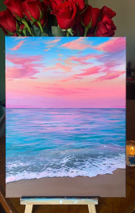 Pastel Ocean Painting Ink, Ocean Paintings, Beach Canvas, Canvas Painting Sunset, How To Paint Sunset, Sunset Canvas, Beach Sunset Painting, Sunset Acrylic Painting, Seascape Paintings