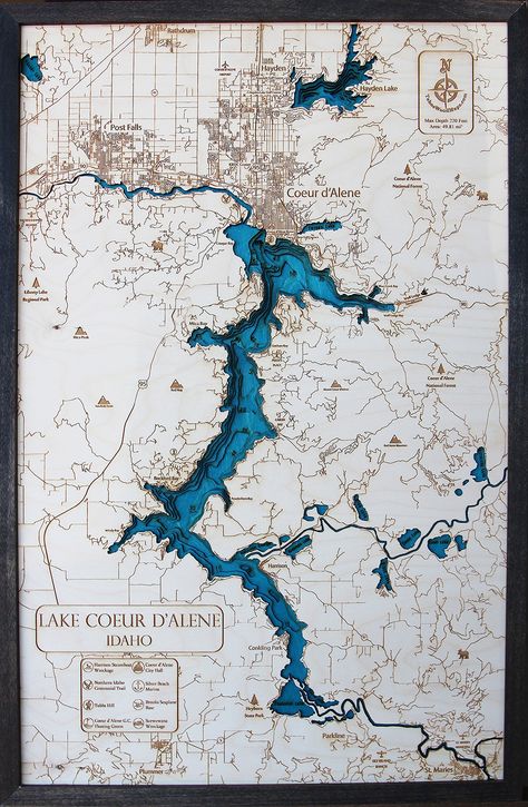 Maps, Topographic Map, Vintage Map, Map, Centennial Trail, Wood Map, Location Map, Map Art, Coeur D'alene