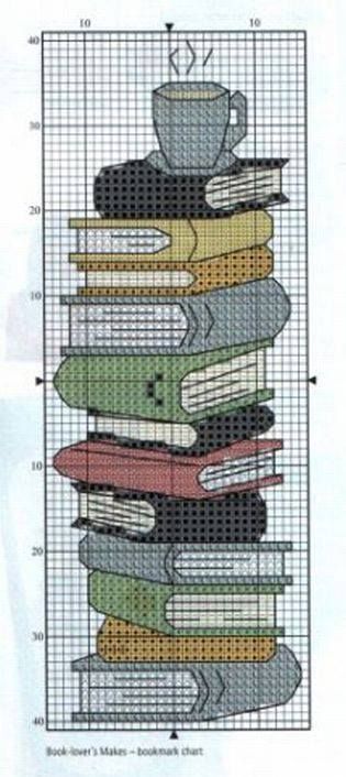 Stack of books -- pattern for cross stitch or other grid-based craft. Needlepoint, Cross Stitch Patterns, Counted Cross Stitch, Stitch Patterns, Cross Stitch Patterns Free, Cross Stitch Bookmarks, Cross Stitch Designs, Cross Stitch Books, Cross Stitch Embroidery