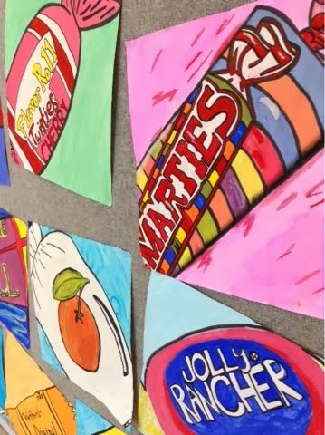 Art at Becker Middle School: Pop Art! Candy Paintings....studying real candy prices as our inspiration for our Pop Art Candy Paintings. Tempra paint and black Sharpie outlines added emphasis and strong lines. The 12" x12" paper created a cropped effect Middle School Art, Pop, Elementary Art, Art, High School Art Projects, High School Art Lessons, School Art Projects, Middle School Art Projects, Art Lessons Elementary