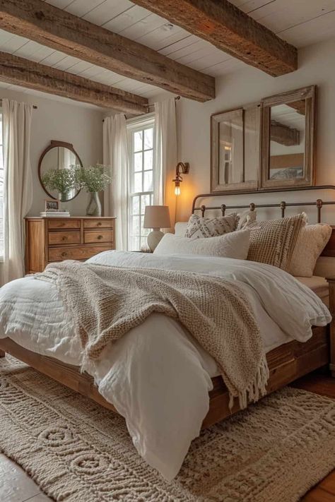 15 Master Bedroom Ideas That Redefine Relaxation And Elegance | DIY Vibes Home, Rustic Farmhouse Bedroom, Vintage Farmhouse Bedroom, French Country Bedrooms, Farmhouse Bedroom, Southern Interior, Small Farmhouse Bedroom, Guest Bedroom, Rustic Bedroom
