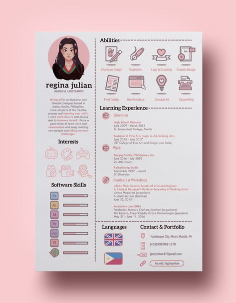 Personal Branding and Resume / CV of Regina Julian with project details and design process information. Resume Design, Web Design, Personal Branding, Creative Resume Design, Creative Resume, Visual Resume, Portfolio Resume, Graphic Design Resume, Resume Design Inspiration