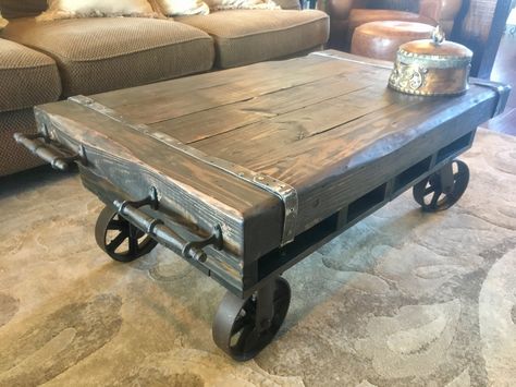 Rustic Factory Cart Coffee Table from BACS Designs Wooden Coffee Table, Industrial Coffee Table, Rustic Industrial Coffee Table, Coffee Table With Wheels, Coffee Table With Casters, Industrial Style Coffee Table, Coffee Table With Storage, Coffee Table Legs, Cart Coffee Table