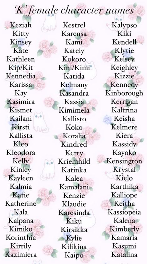 Girl names beginning in the letter ‘k’. Names, Female Names List, K Names For Girls, Surnames, Names With Meaning, Girl Names, K Girl Names, Female Names, Pretty Names