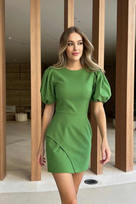 Outfits, Short Dresses, Dress With Puffy Sleeves, Mini Dress With Sleeves, Skirt Design, Asymmetrical Skirt, Casual Dress, Chic Dress Classy, Chic Dress