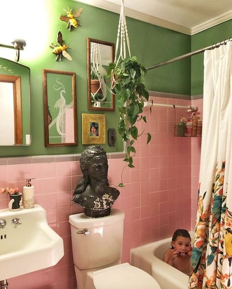 S2020 ORC – The Pink Bathroom Makeover Revealed! - Jen Selk Studio, Bath, Tiny Bathroom Makeover, Window In Bathroom, Eclectic Bathroom Small, Bright Bathroom, Bathroom Pink, Retro Bathroom Decor, Bathroom Retro