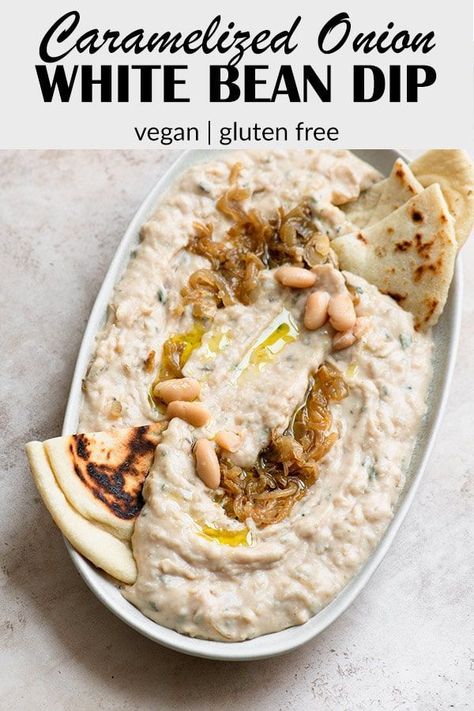 This crowdpleasing caramelized onion white bean dip is easy to make and so delicious! White beans make for an extra creamy base that's vegan & gluten free. Desserts, Dips, Houmus, Meals, Vegan Recipes, Pasta, Healthy Recipes, Whole Food Recipes, Bean Recipes