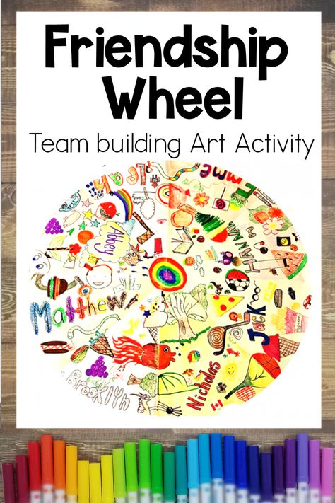 A large circular piece of art is shown.  Each section of the circle includes a name and a variety of art done by children. Ideas, Team Building Activities, Classroom Team Building Activities, Kids Team Building Activities, Teamwork Activities, Team Building Challenges, Learning Activities, Group Challenges For Kids, Team Building