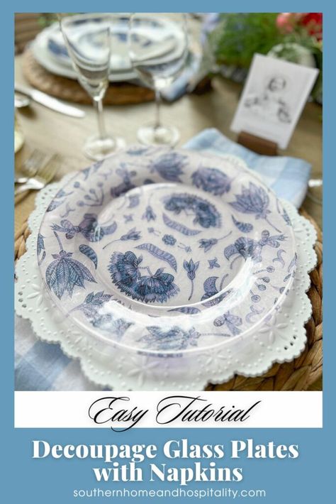 This easy step-by-step tutorial for how to decoupage glass plates using napkins is a fun craft almost anyone can do and a budget-friendly way to have pretty accent plates for any table setting! Ideas, Crafts, Diy, Decoupage, Brunch, Decorative Paper Napkins, Napkin Decoupage, Decoupage Plates, Diy Decoupage Plates