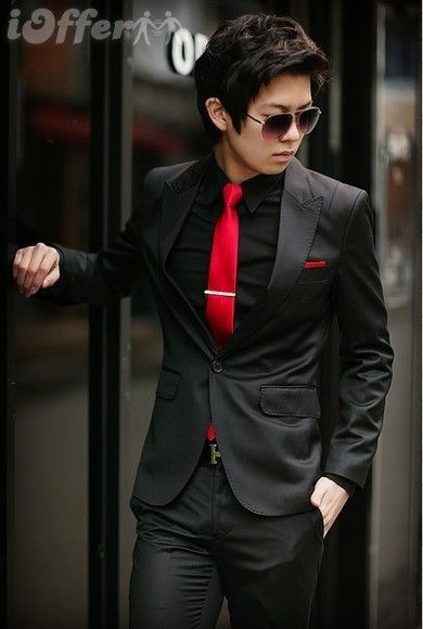 Tybalt would stand out in this classy yet catty suit. It puts a spin on the classic black tux by adding a splash of red for his sneaky intentions. Black Suit Red Tie, Red Tuxedo, Black Suit Black Shirt, Mens Red Suit, Red Tux Prom, Red Tux, Black Tux, Black Suit Prom, Red Suit