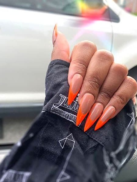Neon Orange Nails, Orange Acrylic Nails, French Stiletto Nails, Long Stiletto Nails, Stiletto Nails Designs, Stiletto Nail Designs, Bright Orange Nails, Stiletto Nail Art, Orange Nail Designs