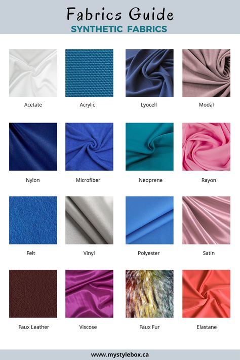 Synthetic Fabrics Different Types Of Fabric, Types Of Fashion Styles, Clothing Fabric Patterns, Synthetic Fabric, Textile Pattern Design Fashion, Fashion Terminology, Fashion Fabric, Fashion Terms, Fashion Vocabulary