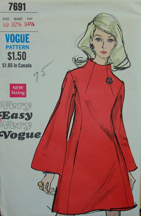 Couture, Vintage Sewing Patterns, Vintage Dress Patterns, Mod Dress Pattern, Bell Sleeves Dress Pattern, 1960's Dress, 1960 Dress, Vogue Patterns, Vintage Dresses