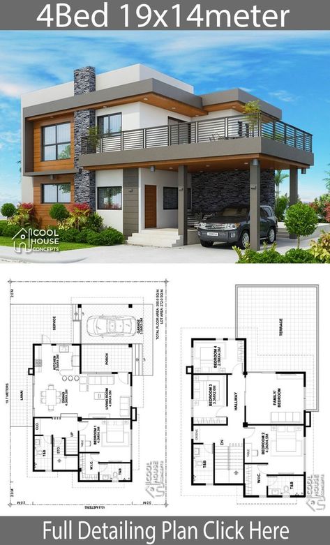 May 6, 2019 - Home design plan 19x14m with 4 bedrooms - #19x14m #architecture #Bedrooms #design #Home #Plan House Plans, House Plans Mansion, Small House Design Plans, House Layout Plans, Two Story House Design, 2 Storey House Design, Family House Plans, Modern House Floor Plans, Double Storey House Plans