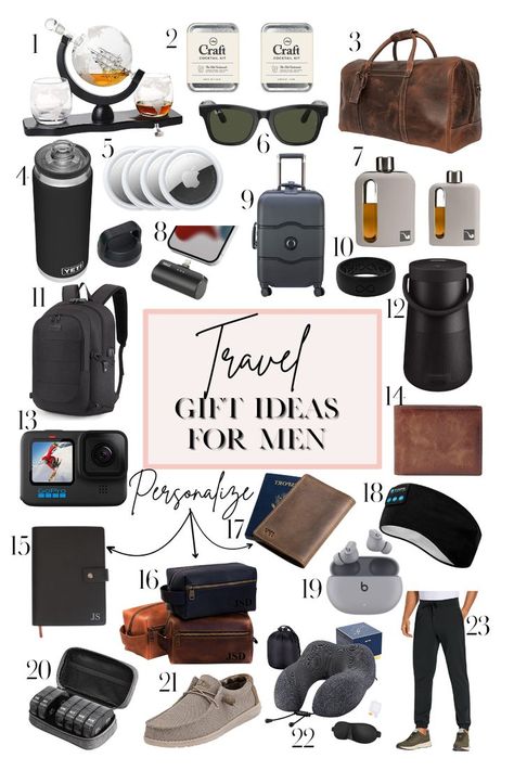 Travel Gift Ideas for Men Travel Gift Basket, Travel Gift Men, Gift Guide For Him, Mens Gift Guide, Travel Gifts, Gift Baskets For Men, Gift Baskets For Him, Gift Ideas For Men, Best Gifts For Men