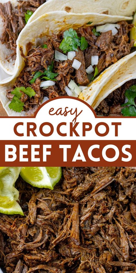 This is the best shredded beef taco recipe! Simple ingredients and easy to make in a crockpot.  It's a taco night you and your family will enjoy. You need to try these Mexican shredded beef tacos! Shredded Beef Tacos Crockpot, Crockpot Beef Tacos, Crock Pot Tacos, Crockpot Shredded Beef, Shredded Beef Tacos, Crockpot Beef, Crockpot Recipes Beef, Shredded Beef Recipes, Slow Cooker Shredded Beef