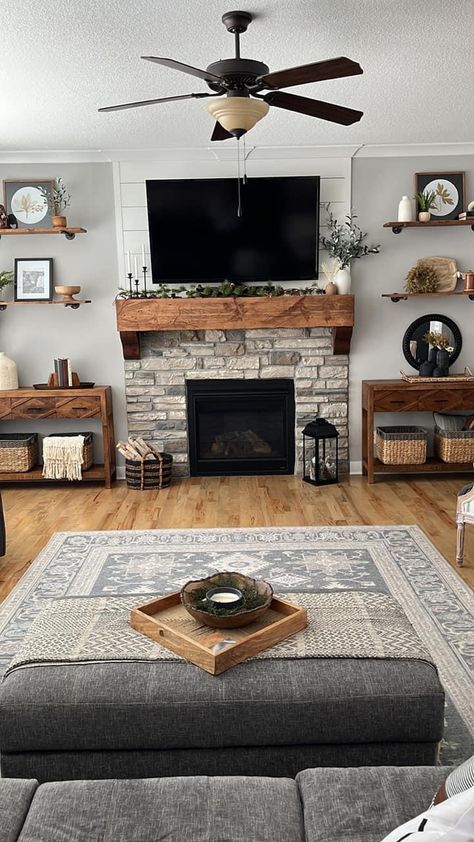 Country, Sideboard, Diy, Design, Fireplace Mantle Decor With Tv, Fireplace Mantle Decor, Fireplace Mantel Decor, Mantle Decor Under Tv, Mantle Decorating Ideas With Tv