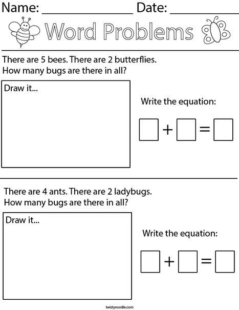 Bug Addition Word Problems- Kindergarten Math Worksheet - Twisty Noodle Ideas, Math Word Problems Kindergarten, Math Word Problems, Math Addition Worksheets, Addition Word Problems, Math Problems, Kindergarten Math Problems, Touch Math Worksheets, Word Problem Worksheets