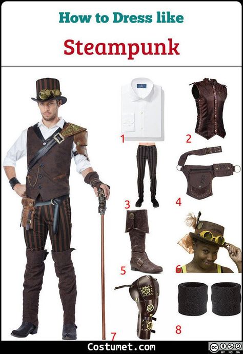 Steampunk costume is a brown corset, a long sleeved shrug, a steampunk skirt, stockings, a mini top hat, finger-less gloves, and leather boots. Men wear a white buttoned down shirt, a brown vest, striped pants, a top hat with goggles, a shoulder armor, a sweat band, a tactical belt, and brown leather boots.           #male #female #male #female #couple #Victorian #misc #duo #goth #Halloween #Steampunk Steampunk, Cosplay, Steampunk Top Hat, Steampunk Clothing Male, Steampunk Outfit Male, Steampunk Outfit Men, Steampunk Skirt, Steampunk Men Clothing, Steampunk Fashion Male
