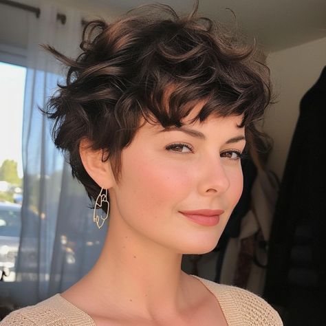 Wavy Pixie with Cropped Bangs Long Pixie, Thick Bob Haircut, Haircut For Thick Hair, Pixie Haircut For Thick Hair, Longer Pixie Haircut, Wavy Pixie Haircut, Pixie Bob Haircut, Pixie Cut Thin Hair, Curly Inverted Bob