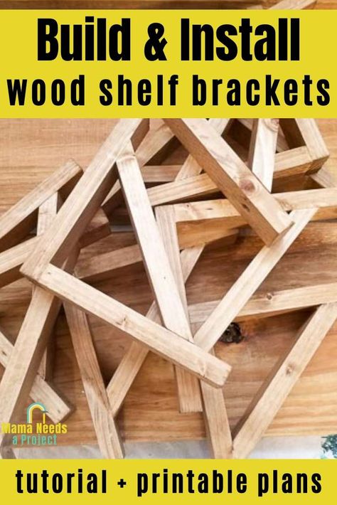 Learn how to easily build DIY wood shelf brackets for your DIY open shelving with this simple tutorial and printable woodworking plans. These inexpensive shelf brackets make the perfect farmhouse open shelving! #diyopenshelving #openshelving Garages, Diy, Design, Shelf Brackets Diy, Diy Shelf Brackets, Diy Open Shelving, Wooden Shelf Brackets, Diy Wood Shelves, Woodworking Projects Diy