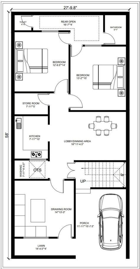 Small House Elevation Design, 2bhk House Plan, Square House Plans, House Layout Plans, Simple House Plans, Model House Plan, Small House Design Plans, Small House Floor Plans, Indian House Plans