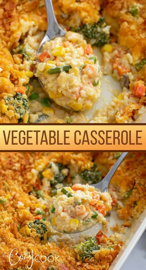 This Vegetable Casserole is made with cream of mushroom soup and a buttery Ritz cracker topping! It's filled with vegetables and savory rice, making it a perfect meatless dinner or holiday side dish! Fried Egg Rice, Veggie Casserole Recipes, Ritz Cracker Topping, Egg Rice, Vegetable Casserole Recipes, Casserole Side Dishes, Vegetarian Casserole, Veggie Casserole, Ritz Cracker