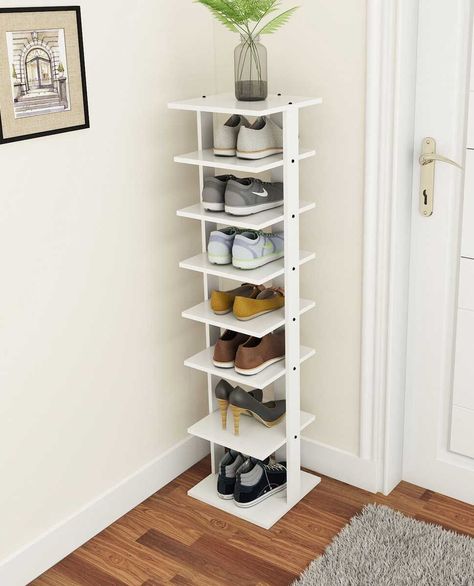 This is an excellent shoe storage idea for narrow hallways or tiny apartments as a whole.Thanks to its vertical space-saving design, the shoe rack takes up little to no room. You can slide it into a corner by the coat rack and keep your shoe organized.This way, you get 7 shelves to fill with shoes plus some surface space for knick-knacks, decor items, or plants. Home Décor, Storage Ideas, Shoe Rack Organization, Storage Shelves, Storage Stand, Rack Design, Corner Storage Shelves, Shoe Storage Solutions, Storage