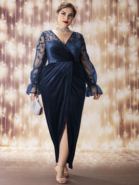 Navy Blue Glamorous  Long Sleeve Velvet Plain Fitted Embellished Slight Stretch All Plus Size Dresses Vestidos De Fiesta, Vestidos, Plus Size Sequin Dresses, Plus Size Evening Gown With Sleeves, Plus Size Gowns Formal, Plus Size Gowns, Velvet Bridesmaid Dresses, Plus Size Evening Gown, Velvet Party Dress Classy