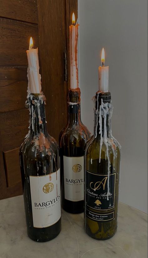 Candles, Wine Candles, Christmas Wine Bottles, Wine Bottle, Wine Bottle Candles, Bottle Candles, Candle Aesthetic, Glass Bottle, Deco