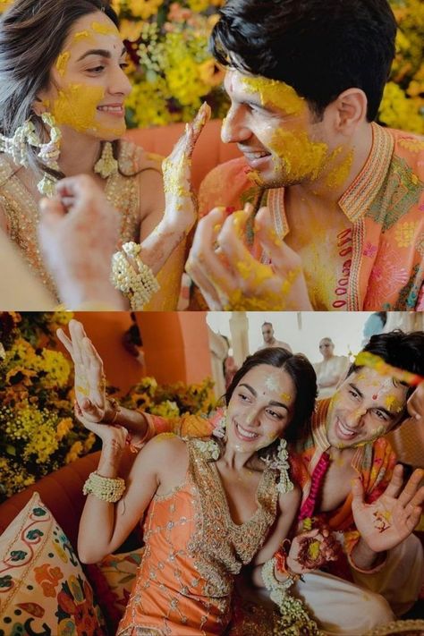 How adorable are these pictures from #SidKiara’s Haldi twinning with each other in hues of tangerine? If there is one thing that stood out for not just us but everyone at the Kiara-Sid wedding was those gorgeous baubles- Kiara Advani wore not one not two but three GORGEOUS necklaces during her wedding festivities, and we are honestly suckers for all three of them. Bride, Bollywood Wedding, India, Haldi Photoshoot, Women, Haldi Outfit, Haldi Look For Bride, Haldi Outfits, Bridal