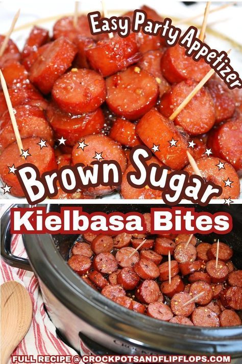 You've got to try this crockpot kielbasa recipe from Crock Pots And Flip Flops—it's a guaranteed hit at parties! Perfect for feeding a crowd, this dish combines smoky kielbasa, sweet brown sugar, tangy Dijon mustard, and a hint of spice for an irresistible flavor. Serve it over mashed potatoes for a delicious dinner option that'll have everyone asking for seconds. Get ready to impress with this tasty twist at your next dinner party! Brown Sugar Kielbasa Bites, Easy Potluck Recipes For Work, Crockpot Kielbasa, Kielbasa Crockpot, Kielbasa Appetizer, Crock Recipes, Potluck Food, Slow Cooker Appetizers, Crockpot Appetizers