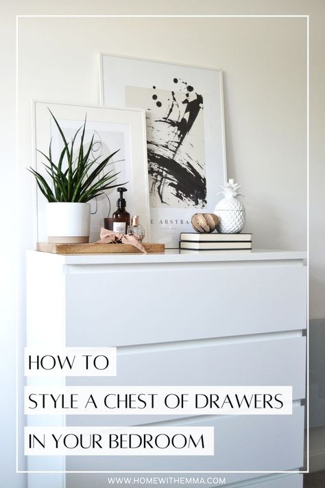 Chest of drawers styled with frames, plant and accessories Styling A Small Dresser Top, Bedroom Tall Dresser Decor Ideas, Dresser Wall Ideas, Tall Dresser In Bedroom, Talk Dresser Decor, Decorate Chest Of Drawers Top, Decorations For Dresser Top, Tall Chest Of Drawers Bedroom Styling, Decorating Tall Dresser Tops