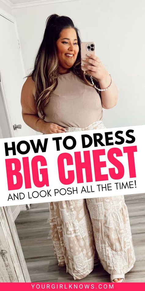 Need to update your wardrobe for a bigger bust? Don't settle for frumpy outfits - find out the best tips and clothes to show off your curves! Get stylish today and shake things up with the perfect pieces for a bigger bust. Click to learn more! Outfits, Larger Bust Outfits, Dress Too Big Hacks No Sew, Outfits For Large Chested Women, Flattering Outfits, Plus Size Summer Outfits Big Stomach, Big Bust Clothes, Plus Size Summer Outfits, Plus Size Summer Outfit