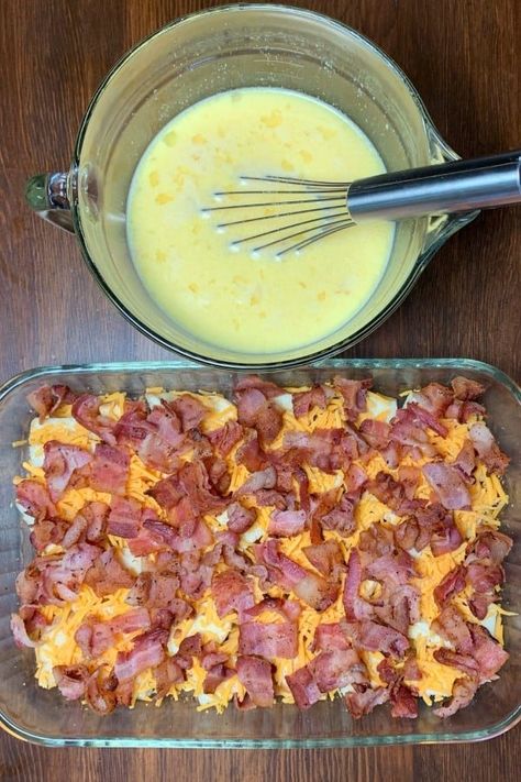 Egg and milk mixture in mixing bowl next to bacon, cheese and bread cube mixture in casserole dish. Bacon, Bacon Egg And Cheese Casserole, Bacon Casserole Recipes, Baked Breakfast Casserole, Breakfast Egg Casserole, Bacon Egg Cheese Bake, Bacon Egg And Cheese, Breakfast Casserole With Bread, Best Breakfast Casserole