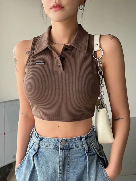 Coffee Brown Casual Collar  Fabric Plain Tank Embellished Medium Stretch  Women Tops, Blouses & Tee Crop Top Outfits, Tops, Casual, Outfits, Tank Tops, Costumes, Polo, Cropped Tank Top, Crop Tank