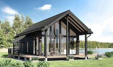 lakeside modern cabin idea with floor-to-ceiling windows Apartment Therapy, Architecture, Log Cabin Homes, Cabin Homes, Cabin Kits, Prefab Log Cabins, Modern Cabin, Small Log Cabin Kits, Prefab Cabins