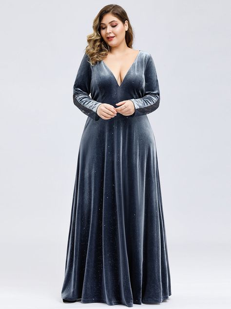 Shop our elegant V-Neck Floor Length Velvet Plus Size Prom Dresses with Long Sleeve. Perfect for prom, weddings, or any special occasion. Made of high-quality Polyester with a concealed zipper closure for a seamless look.