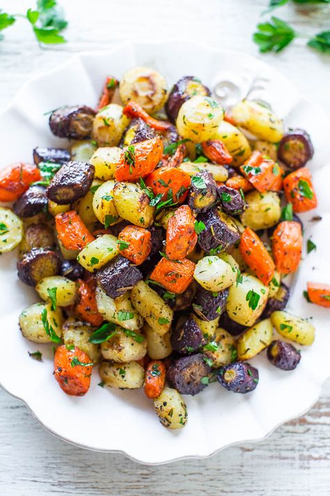 Oven Roasted Rainbow Carrots (Easy Carrot Side Dish) - Averie Cooks Paleo, Side Dishes, Recipes, Healthy Recipes, Slow Cooker, Meals, Roasted Rainbow Carrots, Squash, Side Dish Recipes