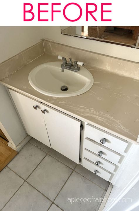 How to paint bathroom countertop & sink, and refinish old formica or laminate vanity top into white or marble finish. Great idea for a super easy budget remodel! - A Piece of Rainbow, D}Y, home improvement, fixer upper, remodeling, before after, modern, farmhouse, boho, interior design, transformation Outdoor, Dressing Table, Refinish Bathroom Vanity, Painting Bathroom Countertops, Bathroom Countertops, Bathroom Vanity Makeover, Vanity Sink, Painted Vanity Bathroom, Bathroom Cabinet Makeover