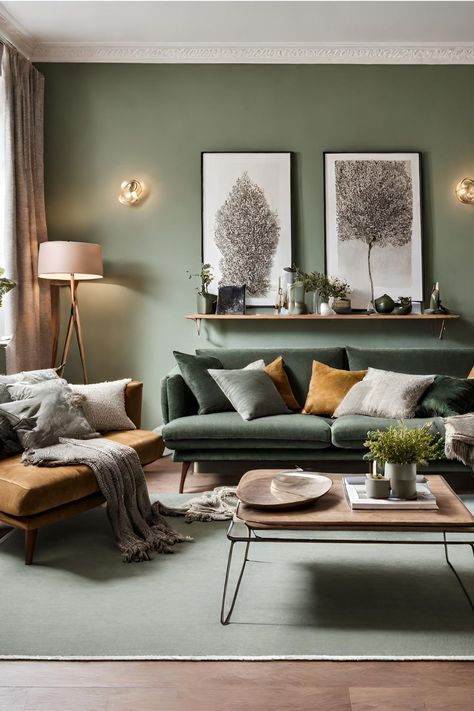12 Sage Green Accent Wall Ideas for Fresh Home Decor Home Décor, Decoration, Interior, Inspiration, Sage Living Room, Green Accent Walls, Sage Green Walls, Green Living Room Decor, Green Living Room Walls
