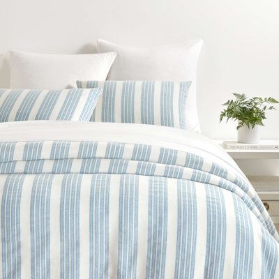 This duvet cover and sham set features a classic mix of chambray stripes, tonal pinstripe dots, and running stitches, and reverses to a solid percale with knife-edge seams. Woven from yarn-dyed combed cotton for long-lasting color, this bedding will continue to soften with repeated washing and wear. Birch Lane™ is brought to you by the Annie Selke companies, which also includes Annie Selke Home, Dash & Albert premium rugs, and Pine Cone Hill luxury linens. Size: Full/Queen Duvet Cover + 2 Standa Decoration, Queen, Duvet Covers Twin, Queen Duvet Covers, White Duvet Covers, Duvet Cover Sets, King Duvet Cover, Striped Duvet Covers, Duvet Bedding